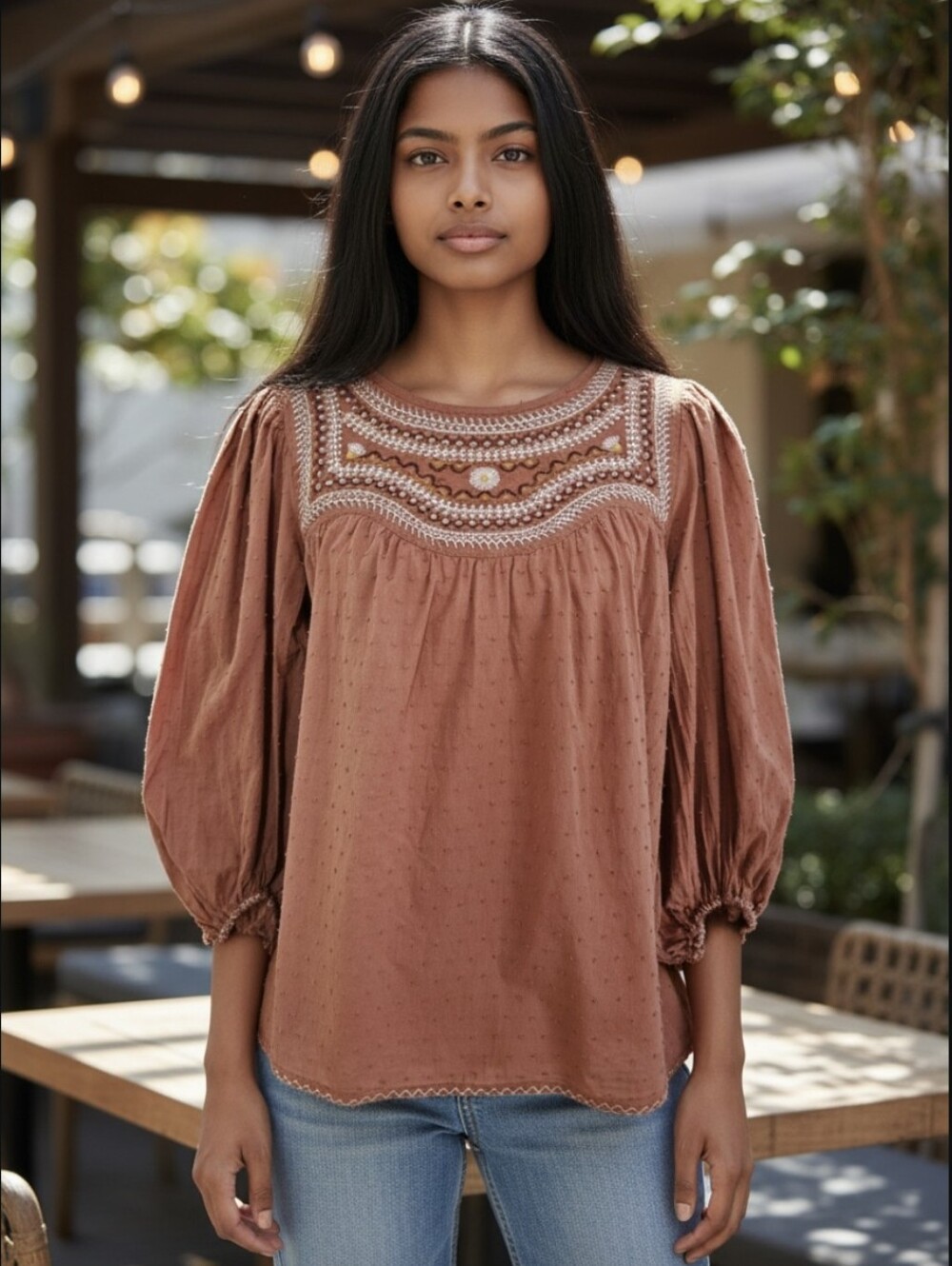 Max Studio Rust Embroidered Peasant Top | 100% Cotton | Boho Cottagecore l Med